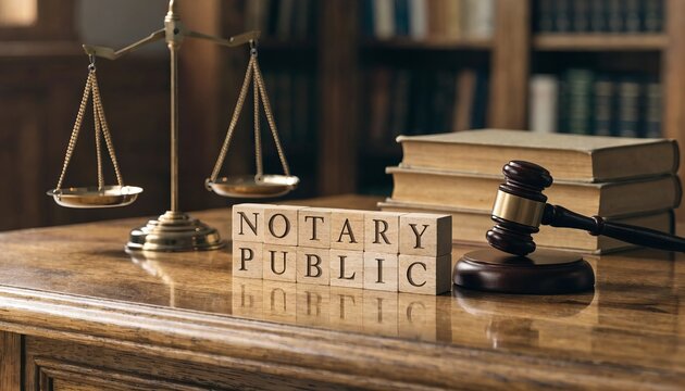 Wooden cubes spelling &ldquo;NOTARY PUBLIC" near with a gavel, scales of justice on desk