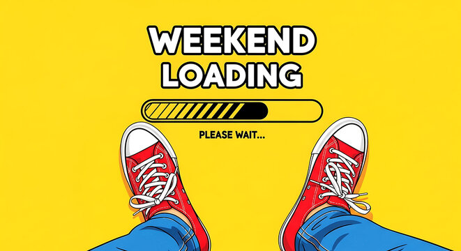 Weekend loading concept with feet in red sneakers on yellow background