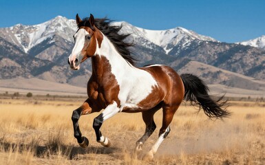 Obraz premium A brown and white horse gallops freely across a golden field with