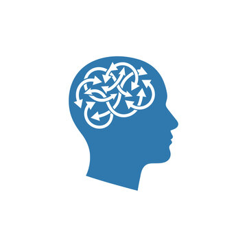 semi-flat illustration of head silhouette with looping arrows inside, symbol of repetitive thoughts