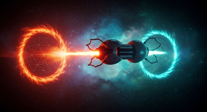 Dynamic futuristic engine firing intense energy beam connecting vibrant red and blue portals through dark cosmic space. AI Generated