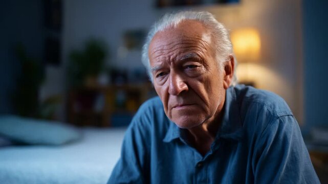 An elderly man's contemplative expression captured in a quiet, intimate setting, reflecting a moment of deep thought and emotion in the comfort of his home.