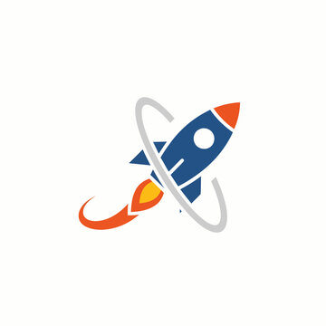 A stylized rocket with a blue body and orange flame taking off into space, with two orbital paths behind it.