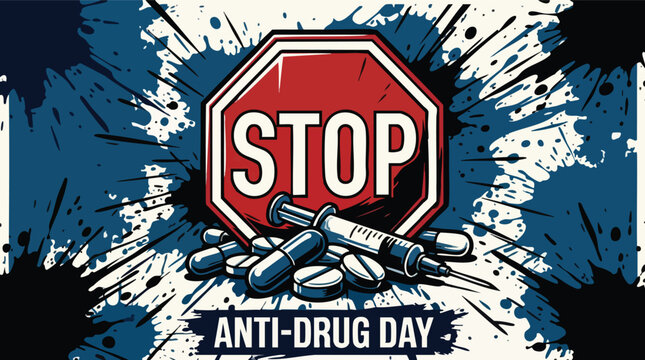 Anti Drug Day Stop Sign with Pills and Syringe in Abstract Style