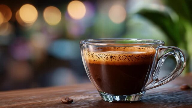 A Close-Up of a Rich, Foam-Topped Espresso in a Clear Glass Cup Set Against a Blurred Background with Soft Bokeh Lights Creating a Cozy Ambiance
