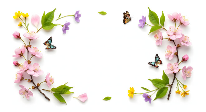 Spring floral border with pink cherry blossoms green leaves and butterflies on white background