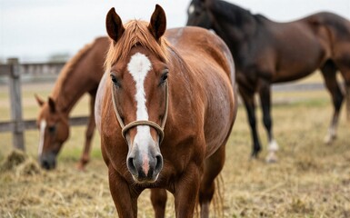 Fototapeta premium Brown horse with white blaze stands alert others graze in background