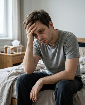 Exhausted man with dark circles under eyes, battling fatigue and stress in his bedroom, reflecting on his poor health
