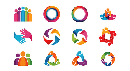 Fototapeta premium Abstract colorful icons depicting groups and social interactions in a circular modern vector collection.
