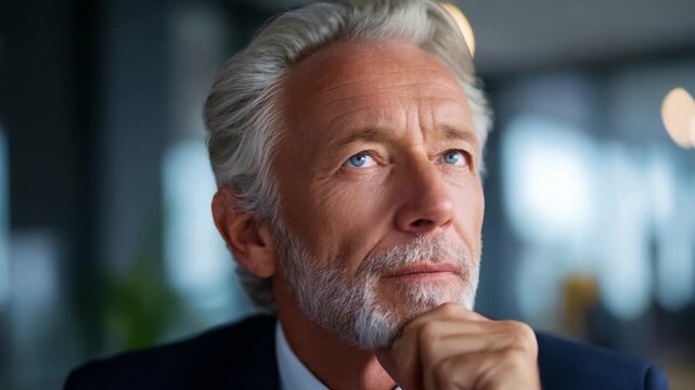 Thoughtful mature man with gray hair and beard, reflecting deeply in a modern office environment, showcasing wisdom and contemplation in his expression.