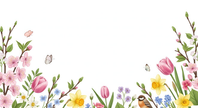 Springtime Garden Border Illustration Featuring Delicate Watercolor Flowers Tulips Daffodils and Blossoms with Cute Bird and Butterflies