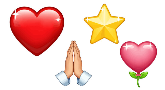 Assorted emoji symbols including hearts star praying hands and a rose convey love spirituality and affection in a playful illustration.
