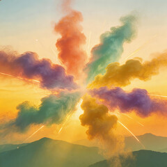 Naklejka premium Colorful Smoke Burst Over Mountainous Landscape at Sunset