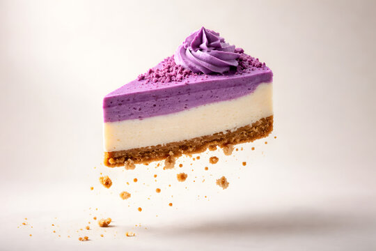 Floating slice of ube cheesecake captured in mid air creating surreal modern dessert photography concept