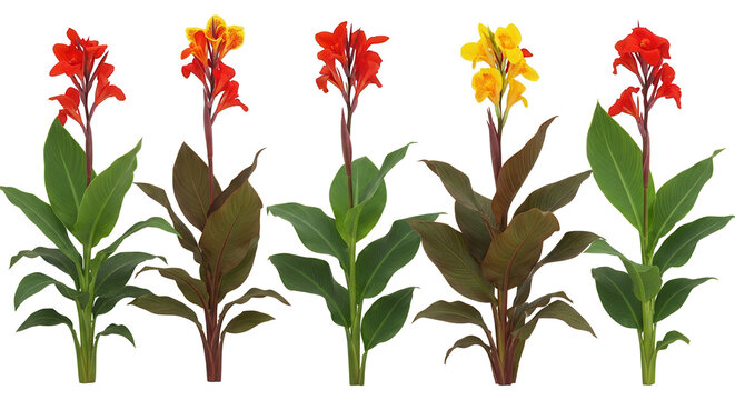 Set of Canna indica (Indian shot, African arrowroot, edible canna, purple arrowroot, Sierra Leone arrowroot) flowering frontal isolated png on a transparent background perfectly cutout high resolution