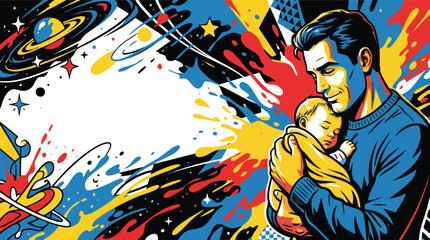 Fototapeta premium Father Holding Baby Close to Chest in Peaceful Pop Art Style