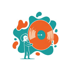 Obraz premium Vibrant vector illustration of a cheerful character holding a large orange vinyl record, surrounded by abstract teal and orange shapes, symbolizing music and retro entertainment.