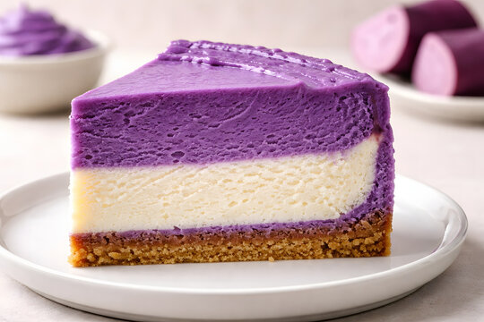 Rich purple ube cheesecake cross section revealing smooth layered texture and creamy baked filling
