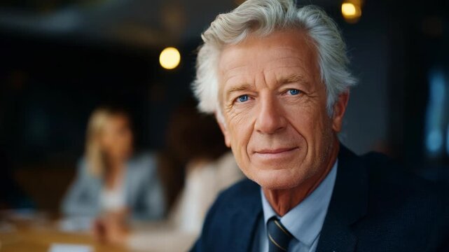 Confident Older Man in a Suit with Silver Hair Sitting at a Table in a Business Meeting, Engaging with Colleagues in a Comfortable Environment