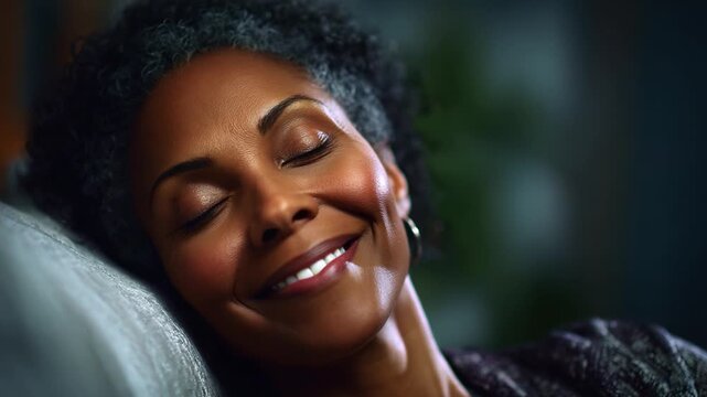 A serene moment of tranquility as a woman relaxes with eyes closed, embodying peace and contentment in a warm, intimate setting accentuated by soft lighting.