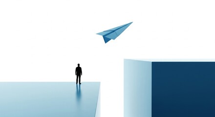 Obraz premium Silhouette of a man standing on a ledge looking at a blue paper airplane flying over a gap, symbolizing ambition and new beginnings, 3D render mockup