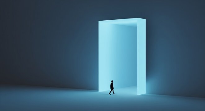 Silhouette of a lone man walking towards a glowing blue futuristic portal or doorway in a dark, minimalist environment, representing opportunity and new beginnings, 3D render