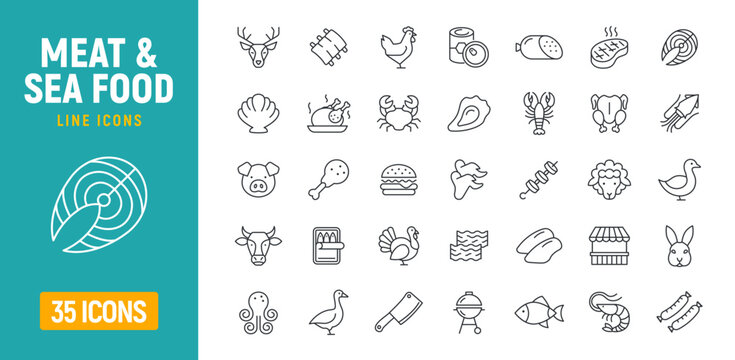 Meat and sea food line icon set. Lobster squid beef and chicken seafood pictogram symbol. Meat vector simple elements
