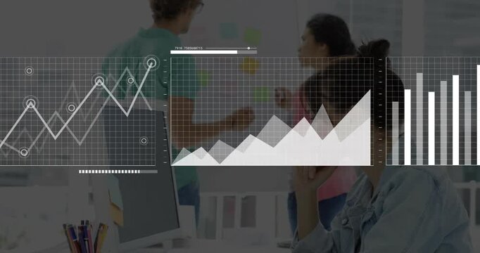 Standing man gesturing forming 3-panel charts over shoulder while seated woman analyzing business