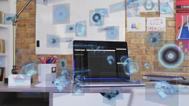 Laptop displaying terminal and emitting HUD icons, occluding desk and visualizing analytics data