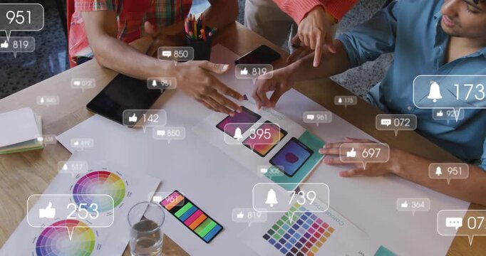 Design team tapping phone screens and testing color, sparking animated engagement icon counters