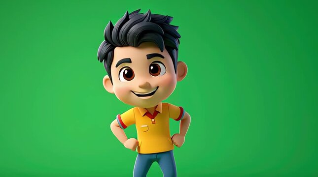 A cheerful cartoon boy with stylish black hair and brown eyes, wearing a yellow collared shirt and blue jeans, confidently posing against a vibrant green background in a 3D render