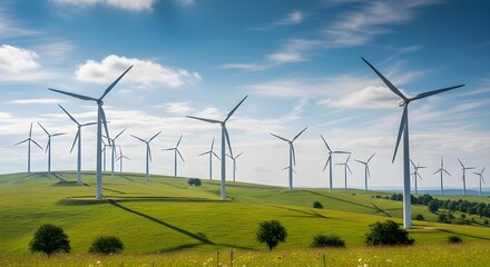 Fototapeta premium Wind turbines generating renewable energy on green hills under bright blue sky, clean landscape showcasing sustainable energy concept, ultra sharp focus in high resolution 8K.