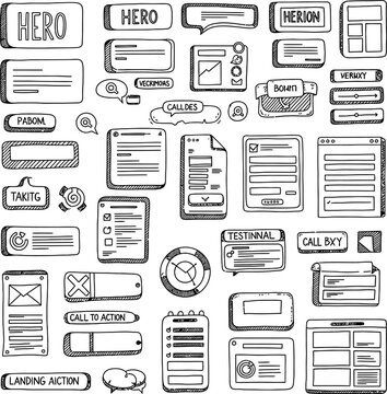 Hand-drawn wireframe elements for website and app design, including buttons, forms, and navigation components, presented in a sketch style for UI prototyping and user experience planning