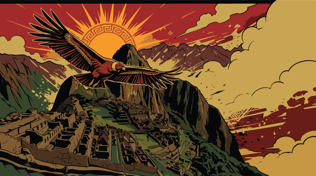 Condor Flying over Ancient Ruins with Rising Sun Graphic in Inti Raymi Style