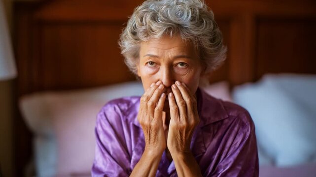 An elderly woman expresses deep emotion, covering her face with her hands, revealing vulnerability and concern in the warm light of a cozy bedroom setting.