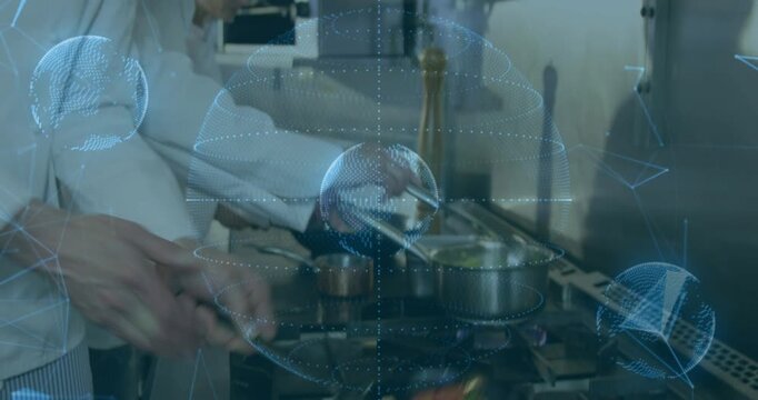 Chef reaching tongs, searing fish and stirring veg on stove, blue globe overlay guiding restaurant