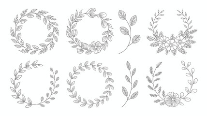 A collection of hand drawn floral wreaths and botanical elements in black and white suitable for decorative designs and crafting projects high quality professional detailed modern © Raian