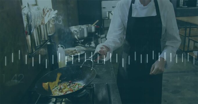 Chef tilting wok and sparking flame while cooking stir-fry in kitchen, waveform weaving around wok
