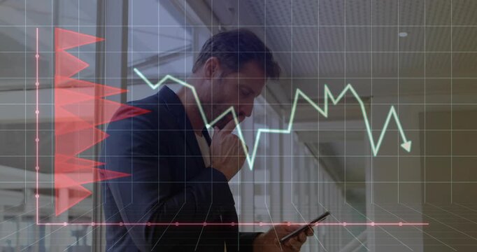 Man tapping phone in atrium, causing grid, red markers, chart showing market downturn tracking risk