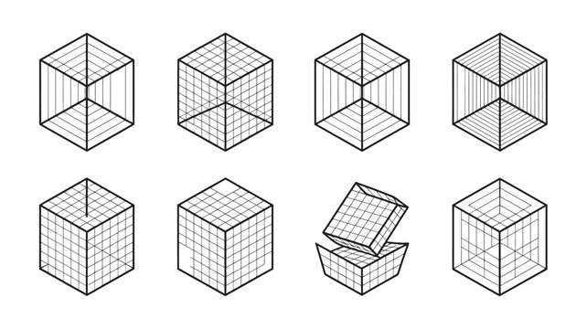 An arrangement of eight isometric cube illustrations demonstrates different perspectives and a partially unfolded cube all in black lines high quality professional detailed modern elegant stylish