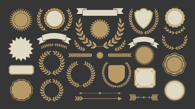 An assortment of vintage gold and white badges ribbons laurel wreaths and decorative flourishes are displayed on a dark background high quality professional detailed modern elegant