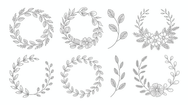 A collection of hand drawn floral wreaths and botanical elements in black and white suitable for decorative designs and crafting projects high quality professional detailed modern