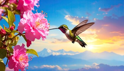 Obraz premium Hummingbird Feeding on Pink Flowers at Sunrise