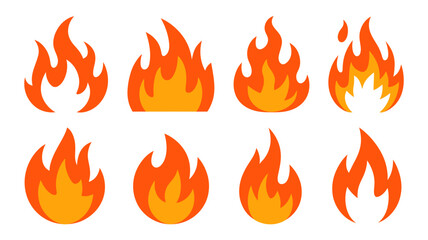 A collection of stylized orange and yellow flames are displayed against a plain white background showcasing different fire shapes high quality professional detailed modern elegant stylish © Raian