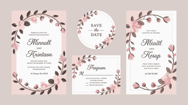 A set of wedding invitation cards and a program with delicate floral wreaths featuring pink and cream color schemes high quality professional detailed modern elegant stylish
