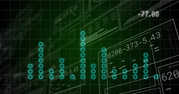 Teal circles pulsing on data update on tech HUD, overlays sliding peak migrating right showing data