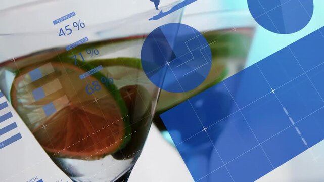 Sliding blue charts moving across promo closeup of martini glasses, revealing lime, olives, percent