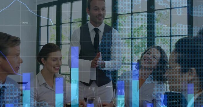 Placing plate, server in vest speaking to colleagues at work lunch, diners eating with bar graphs