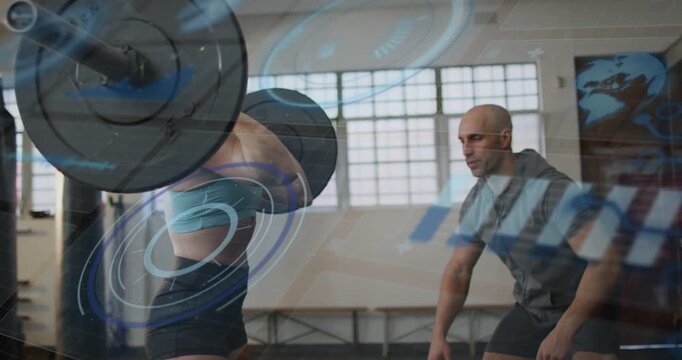 Woman training lowering bar to front-rack initiating deep squat while coach spotting, HUD guiding