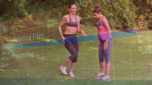 Grid HUD Processing or Deleting appearing as two women jogging entering and doing warm-ups for fitne